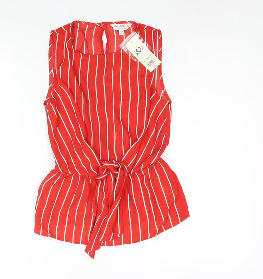 Miss Selfridge Womens Red Striped Polyester Camisole Blouse Size 6 Round Neck - Tie Detail Peplum