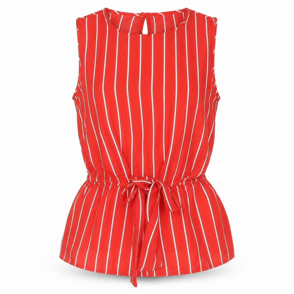 Front view of Miss Selfridge women’s red striped polyester camisole blouse, size UK 6, round neck - tie detail peplum
