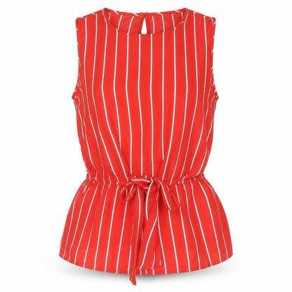 Front view of Miss Selfridge women’s red striped polyester camisole blouse, size UK 6, round neck - tie detail peplum