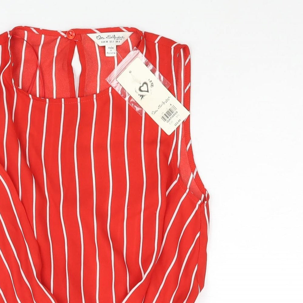 Miss Selfridge Womens Red Striped Polyester Camisole Blouse Size 6 Round Neck - Tie Detail Peplum