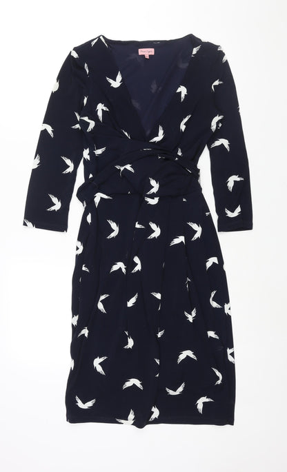 Phase Eight Womens Blue Geometric Polyester Shift Size 8 V-Neck Zip - Belted Bird Print