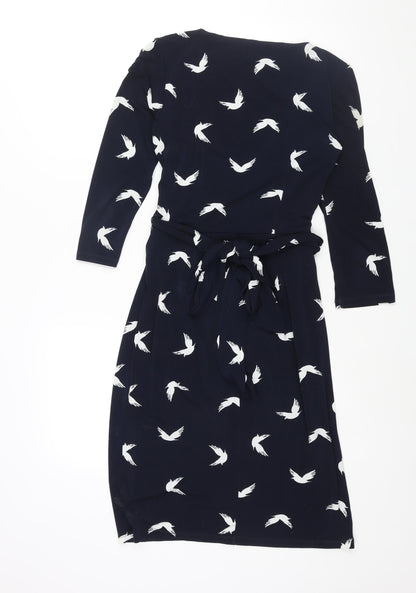Phase Eight Womens Blue Geometric Polyester Shift Size 8 V-Neck Zip - Belted Bird Print