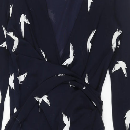 Phase Eight Womens Blue Geometric Polyester Shift Size 8 V-Neck Zip - Belted Bird Print