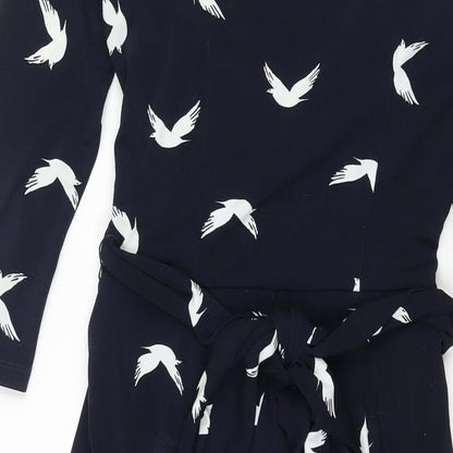 Phase Eight Womens Blue Geometric Polyester Shift Size 8 V-Neck Zip - Belted Bird Print