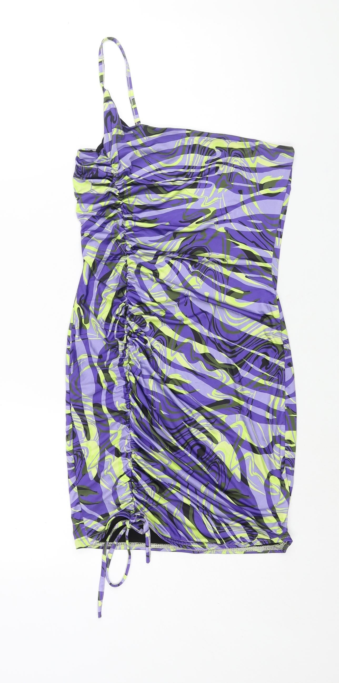 PRETTYLITTLETHING Womens Multicoloured Geometric Polyester Mini Size 8 One Shoulder Pullover - Rouched