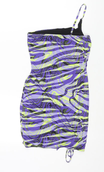 PRETTYLITTLETHING Womens Multicoloured Geometric Polyester Mini Size 8 One Shoulder Pullover - Rouched