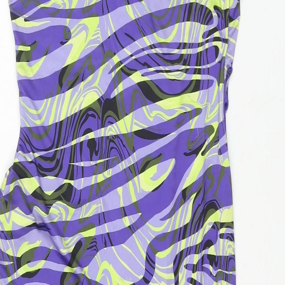 PRETTYLITTLETHING Womens Multicoloured Geometric Polyester Mini Size 8 One Shoulder Pullover - Rouched