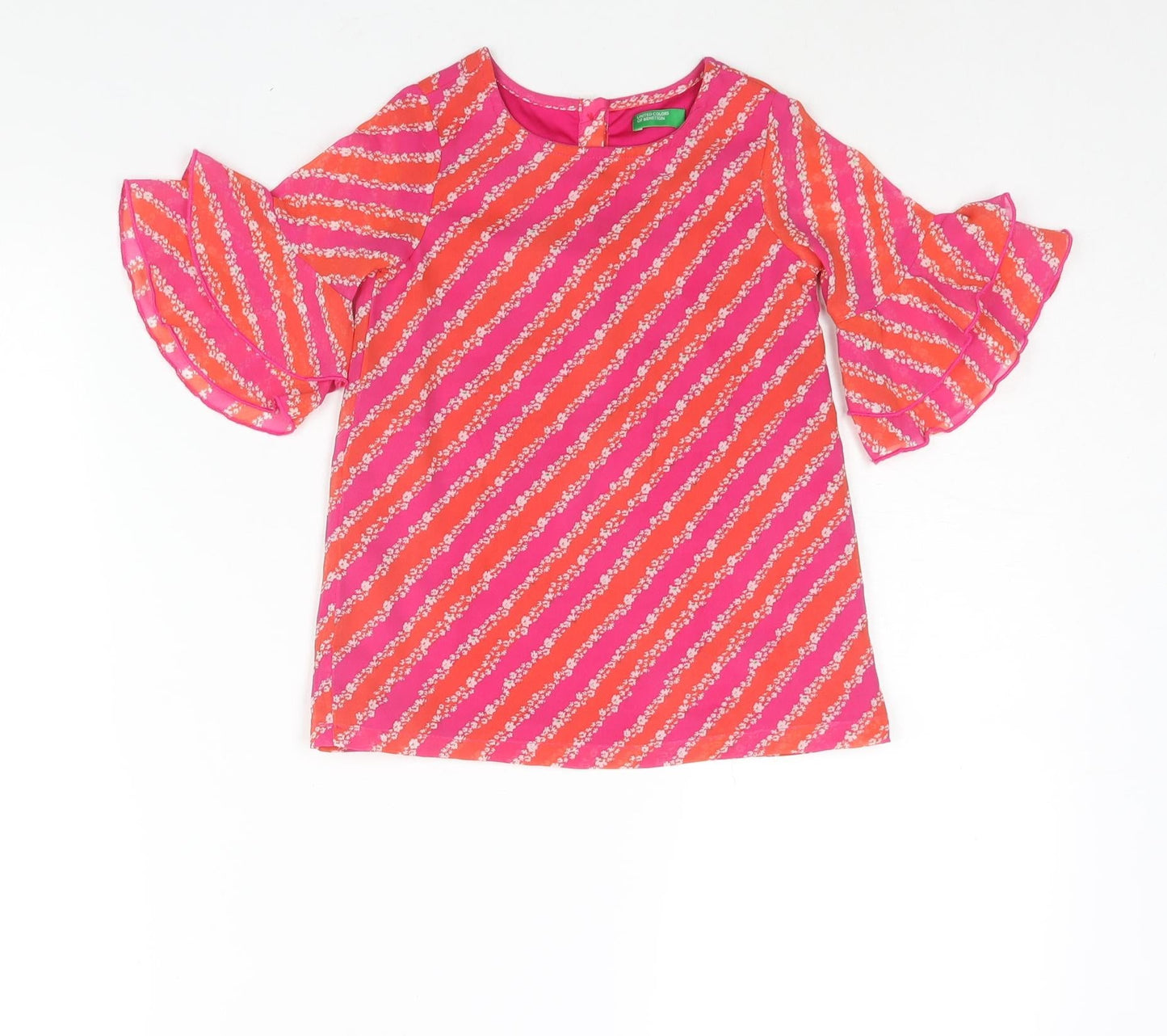United Colors of Benetton Girls Pink Geometric Polyester Mini Size 2 Years Round Neck Button - Floral Stripe