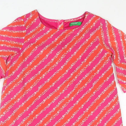 United Colors of Benetton Girls Pink Geometric Polyester Mini Size 2 Years Round Neck Button - Floral Stripe