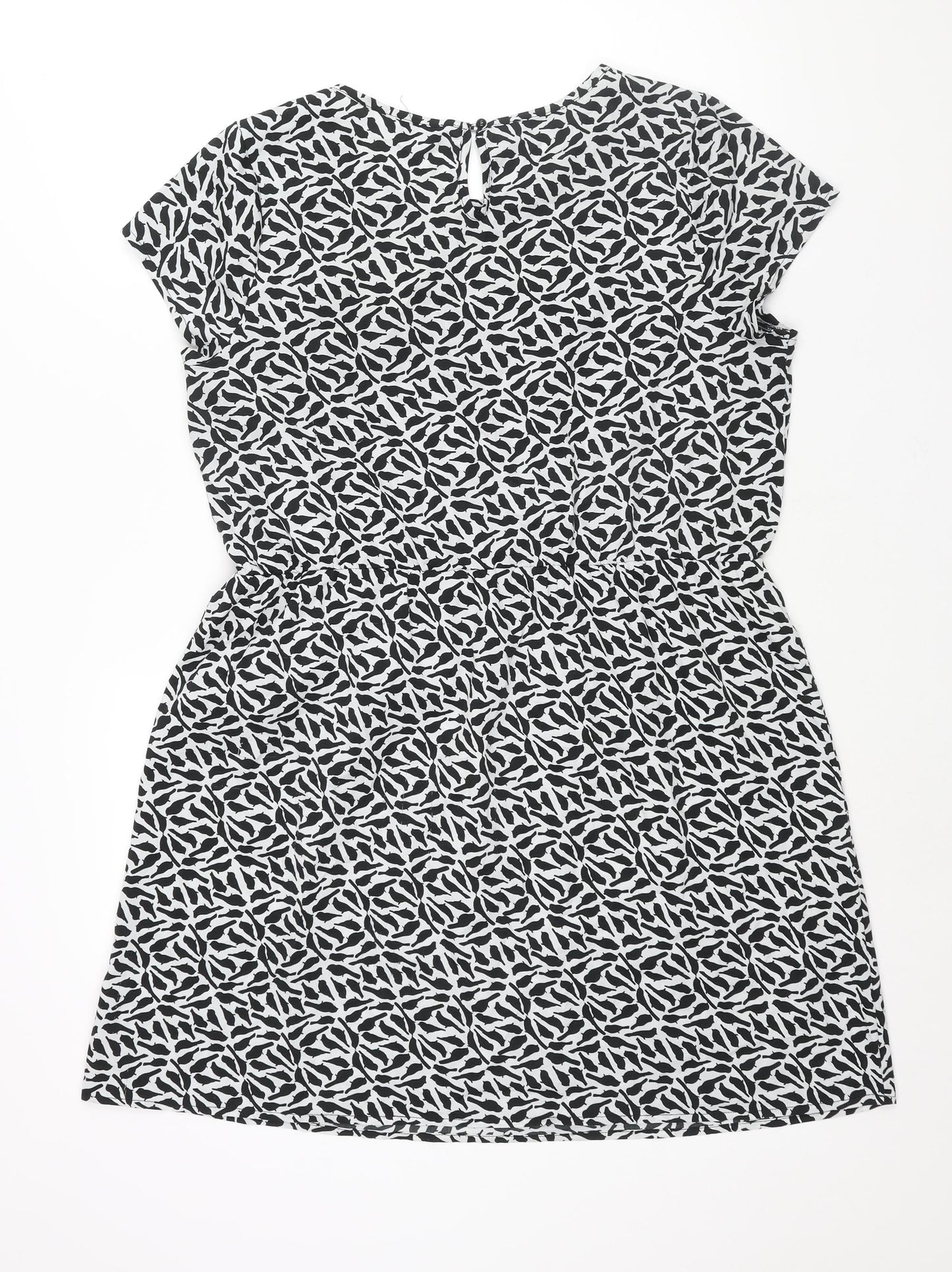 New Look Womens Black Geometric Polyester Shift Size 16 Round Neck Button - Bird Print Lace Collar Detail