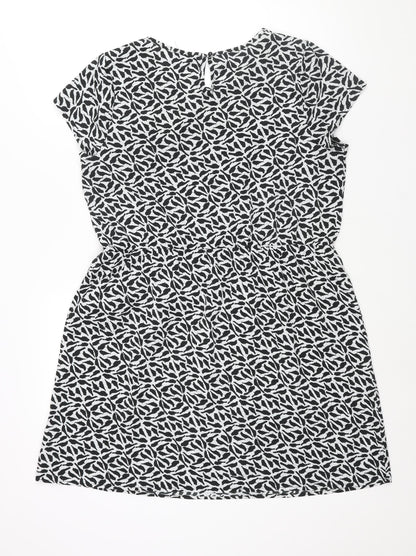 New Look Womens Black Geometric Polyester Shift Size 16 Round Neck Button - Bird Print Lace Collar Detail