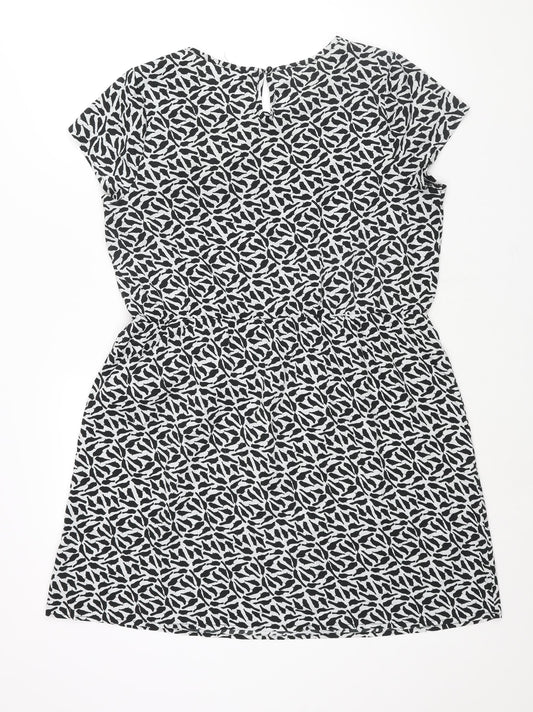 New Look Womens Black Geometric Polyester Shift Size 16 Round Neck Button - Bird Print Lace Collar Detail