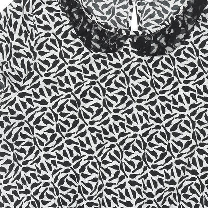 New Look Womens Black Geometric Polyester Shift Size 16 Round Neck Button - Bird Print Lace Collar Detail