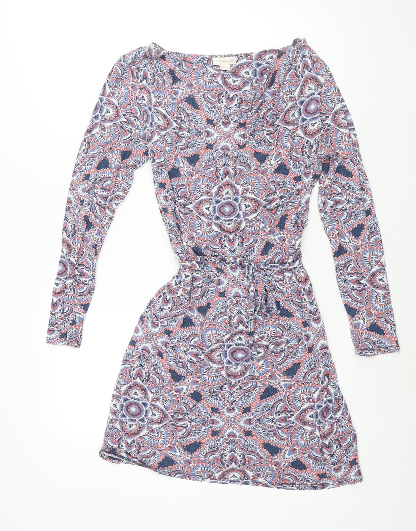 Monsoon Womens Multicoloured Geometric Viscose Shift Size 14 Cowl Neck Pullover - Belted