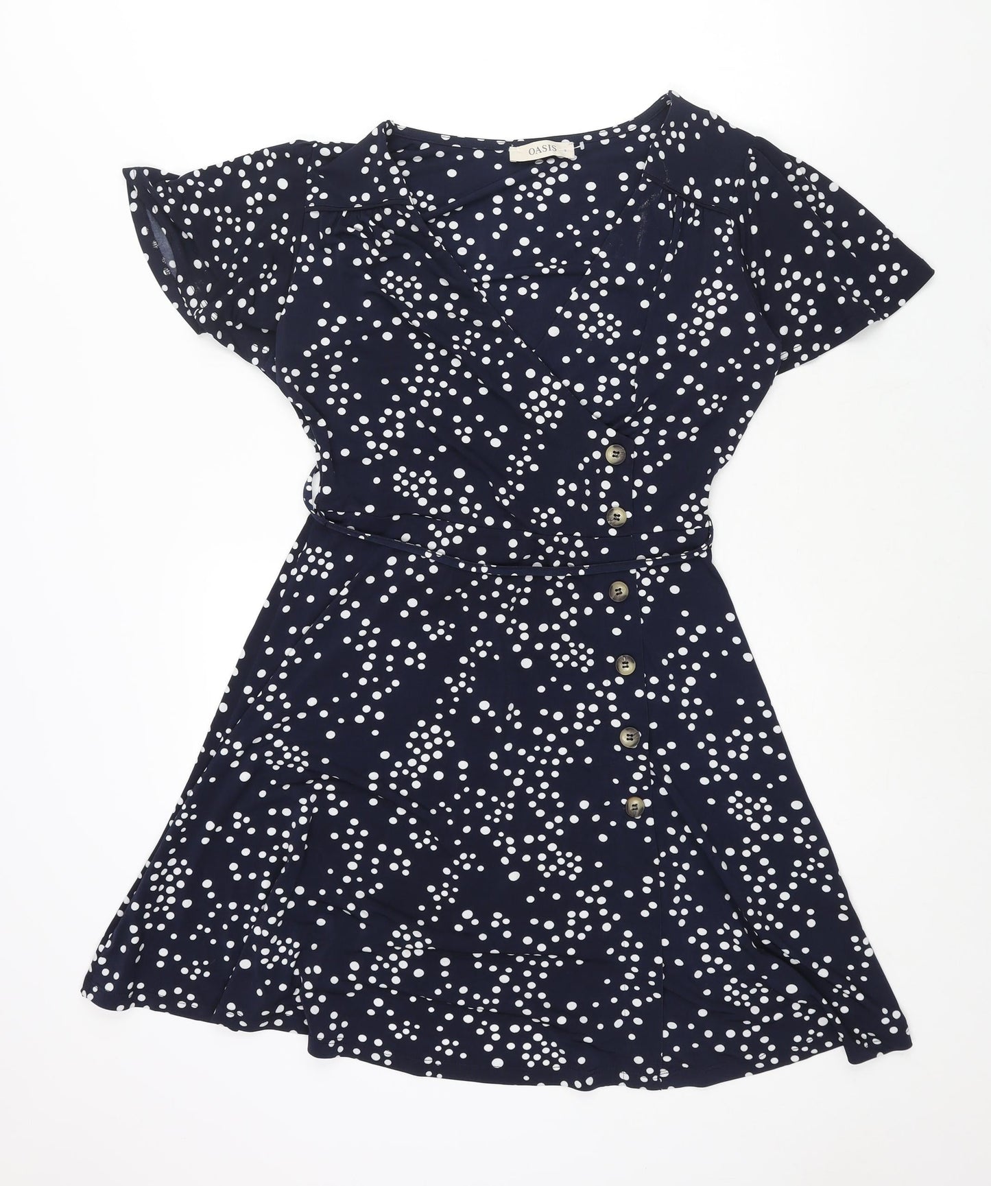 Oasis Womens Black Polka Dot Polyester A-Line Size S V-Neck Pullover - Button Detail Belted