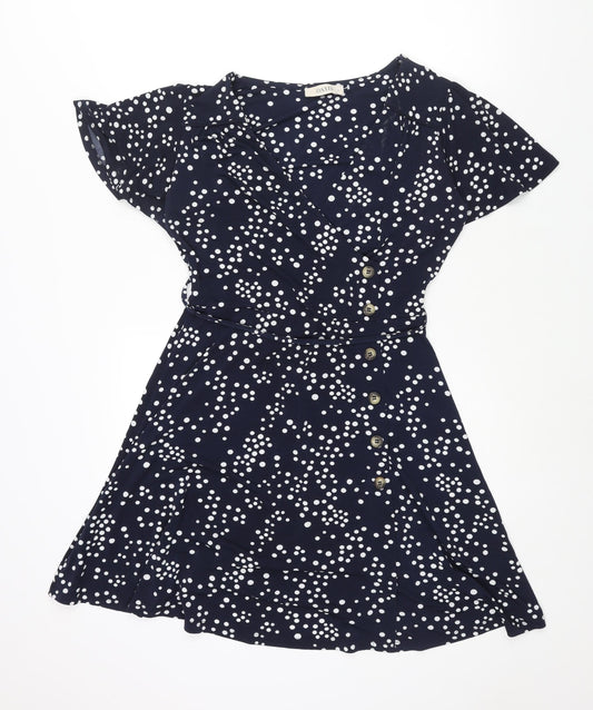 Oasis Womens Black Polka Dot Polyester A-Line Size S V-Neck Pullover - Button Detail Belted