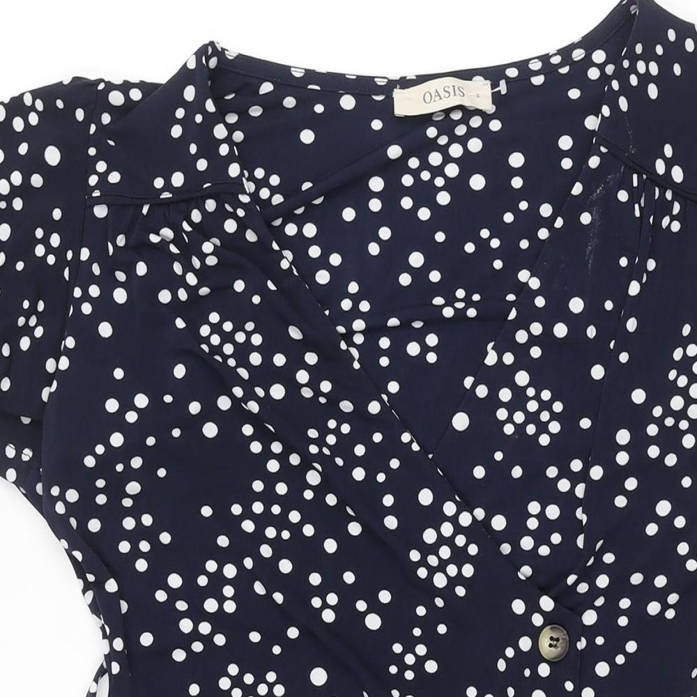 Oasis Womens Black Polka Dot Polyester A-Line Size S V-Neck Pullover - Button Detail Belted