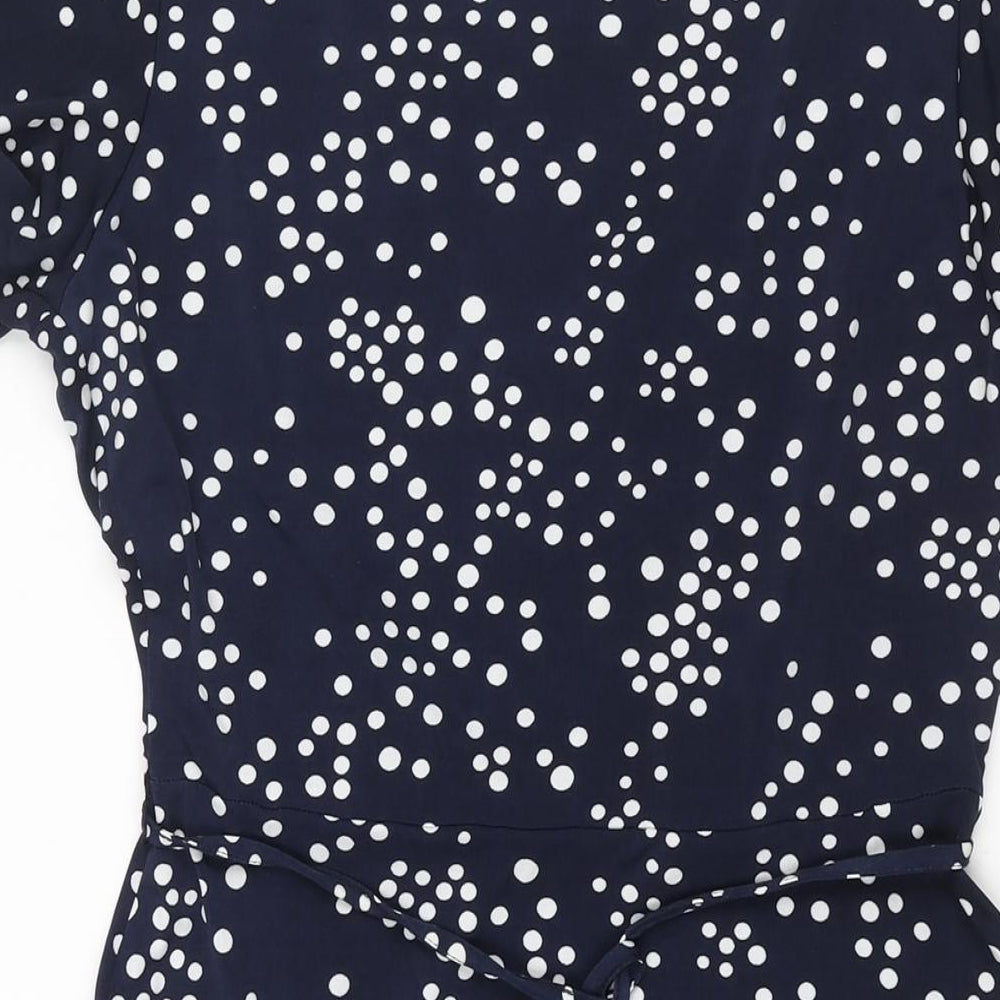 Oasis Womens Black Polka Dot Polyester A-Line Size S V-Neck Pullover - Button Detail Belted