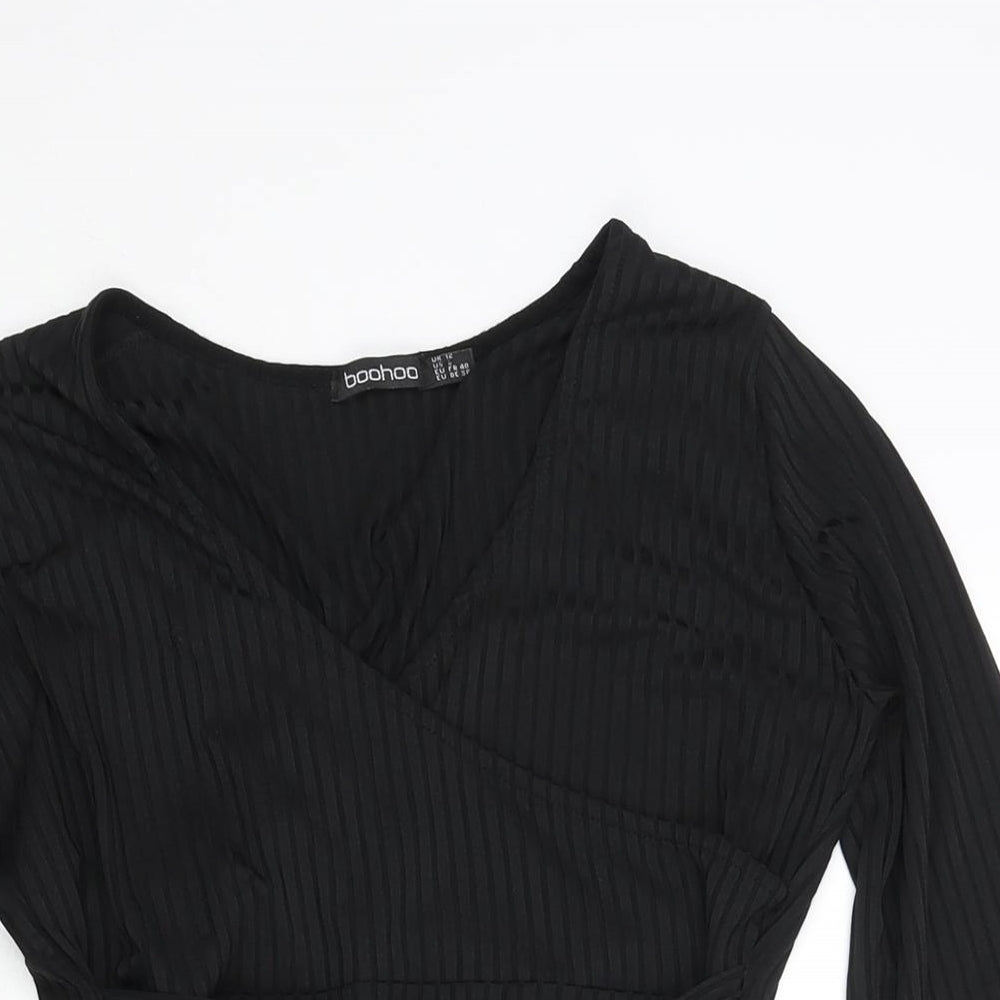 Boohoo Womens Black Polyester Bodysuit One-Piece Size 12 Snap - Belted