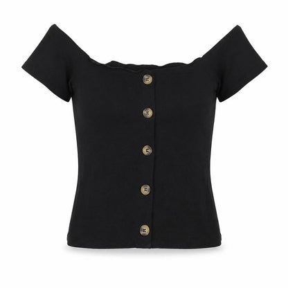 Terranova Womens Black Cotton Basic Blouse Size M Off the Shoulder - Button Detail