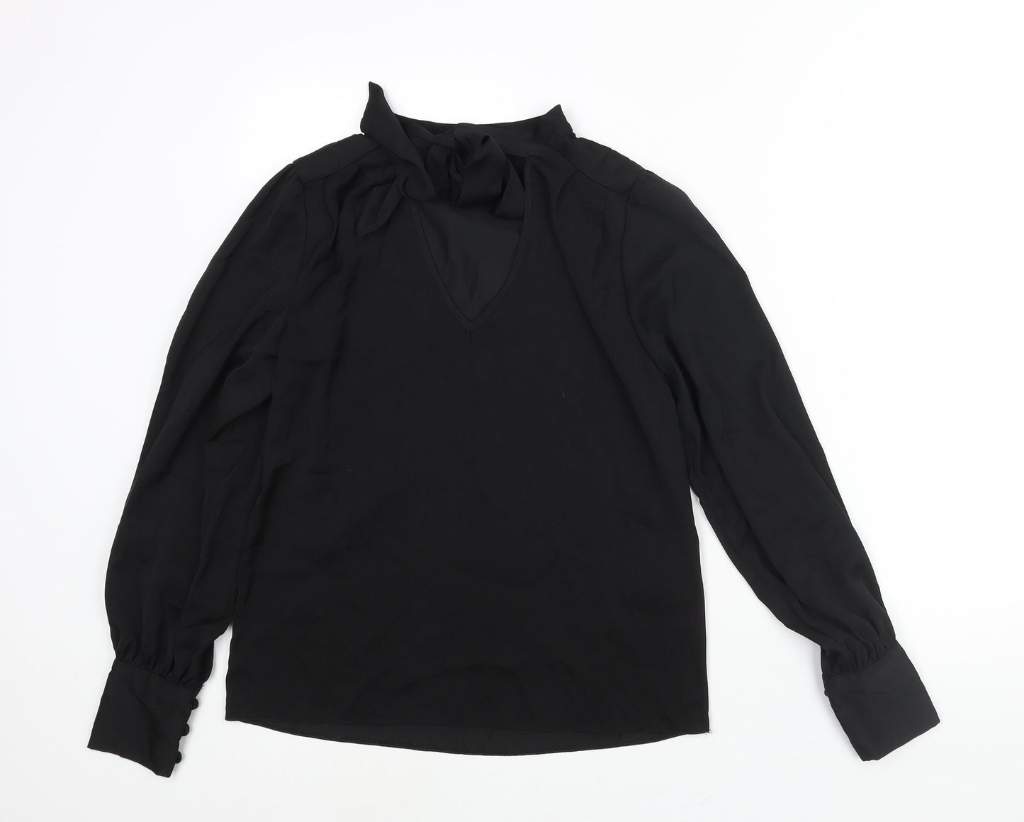 New Look Womens Black Polyester Basic Blouse Size 8 V-Neck - Bow