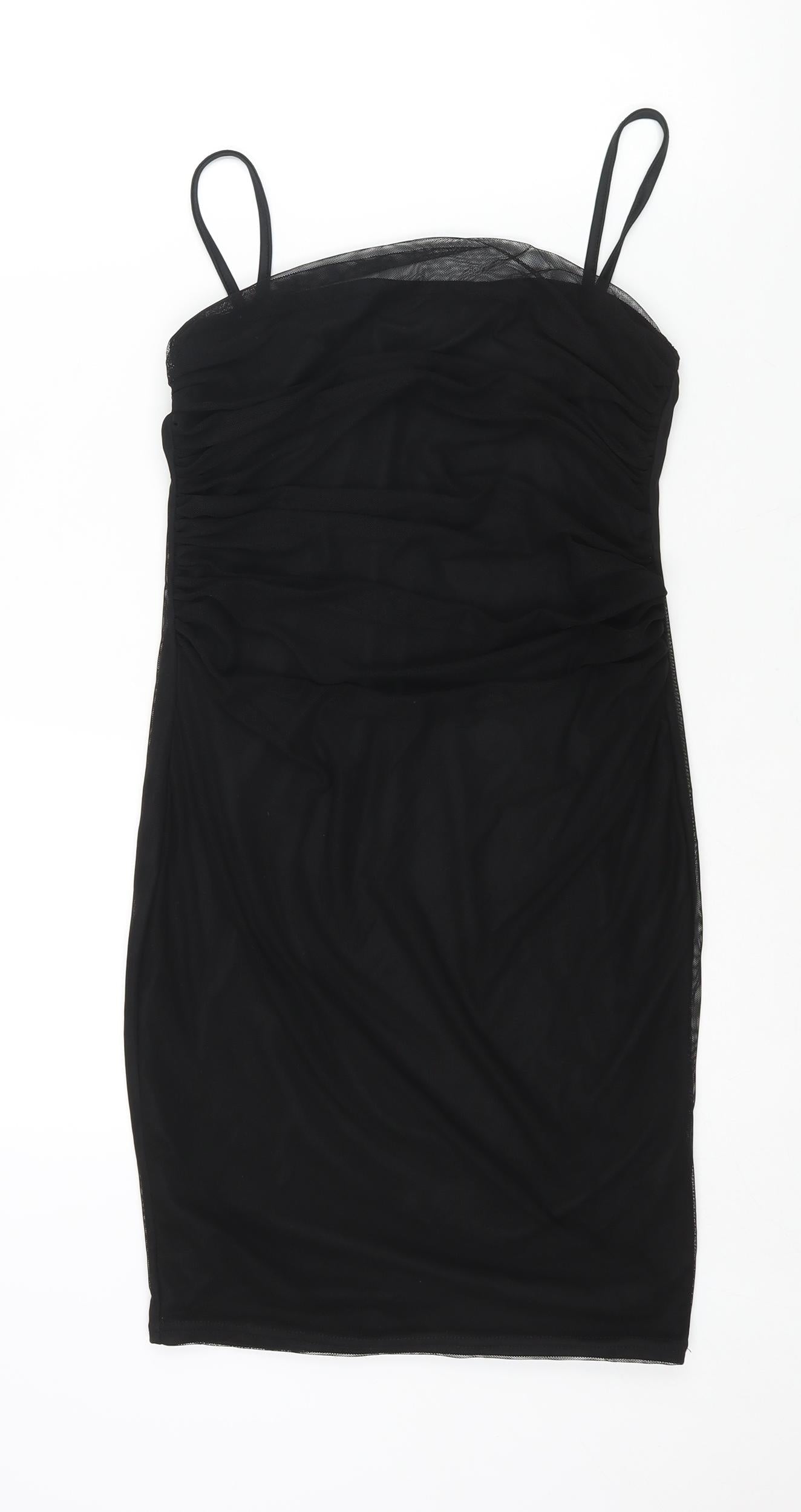 PRETTYLITTLETHING Womens Black Polyester Mini Size 14 Square Neck Pullover - Rouched