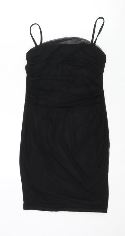 PRETTYLITTLETHING Womens Black Polyester Mini Size 14 Square Neck Pullover - Rouched