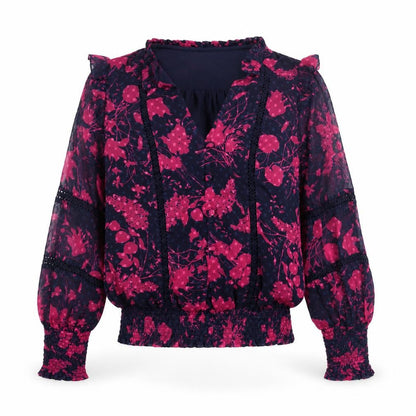 Love Roses Womens Blue Floral Polyester Basic Blouse Size 8 V-Neck - Lace Frill Button Detail