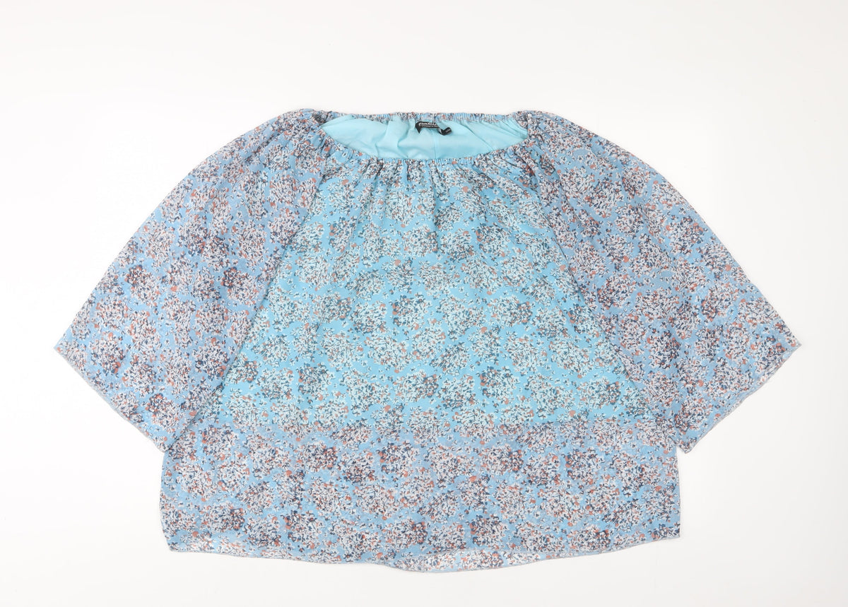 Natural Womens Blue Floral Polyester Basic Blouse Size S Boat Neck - S/M
