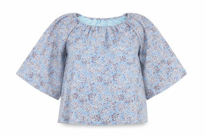 Natural Womens Blue Floral Polyester Basic Blouse Size S Boat Neck - S/M