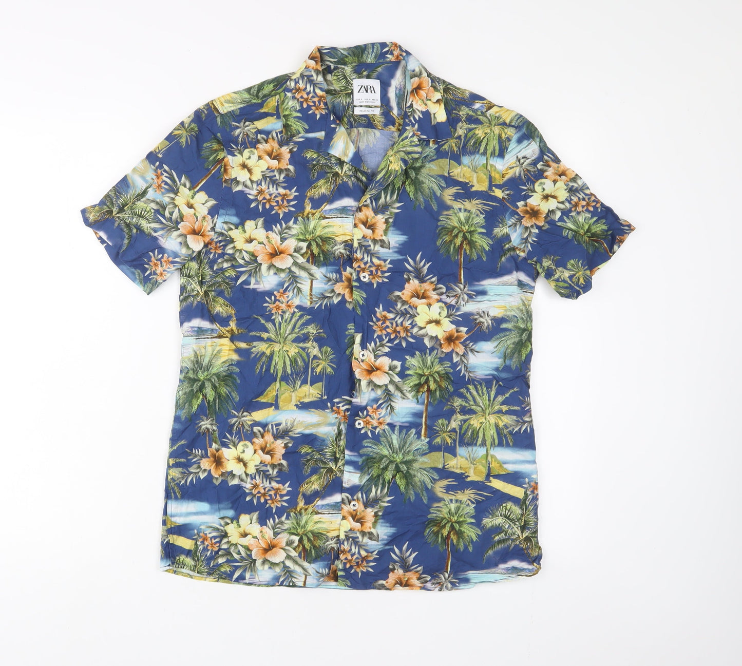Zara Mens Blue Floral Cotton Button-Up Size S Collared Button