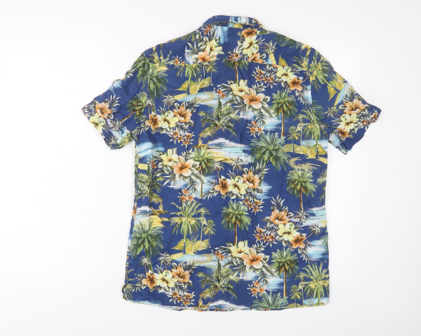 Zara Mens Blue Floral Cotton Button-Up Size S Collared Button