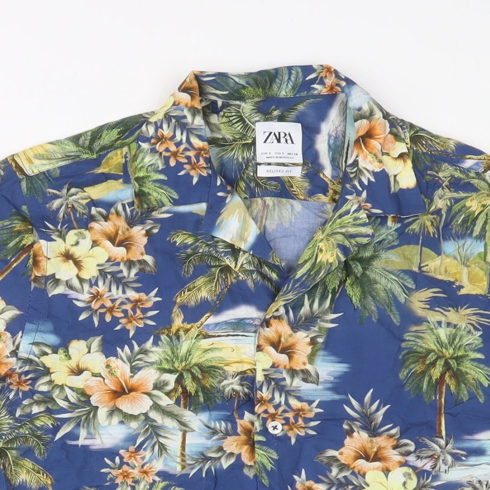 Zara Mens Blue Floral Cotton Button-Up Size S Collared Button