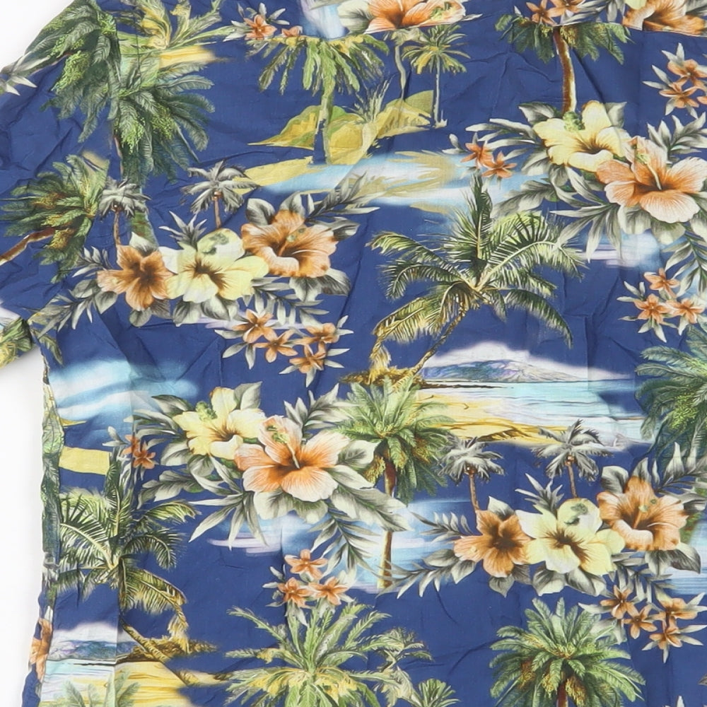 Zara Mens Blue Floral Cotton Button-Up Size S Collared Button