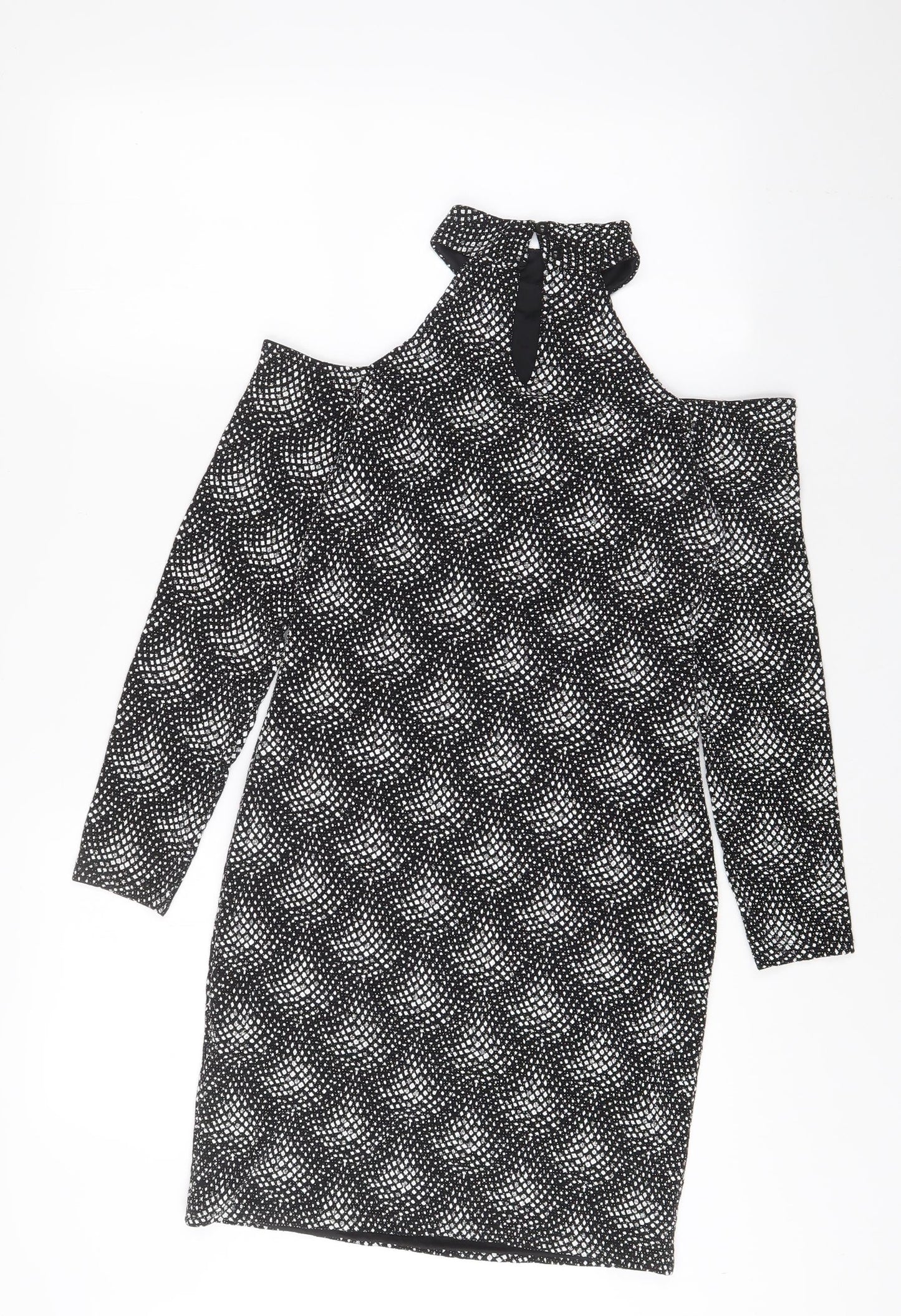 QED London Womens Black Polyester A-Line Size 12 Halter Button - Cold Shoulder