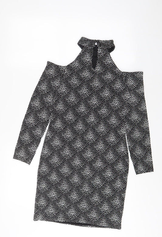 QED London Womens Black Polyester A-Line Size 12 Halter Button - Cold Shoulder