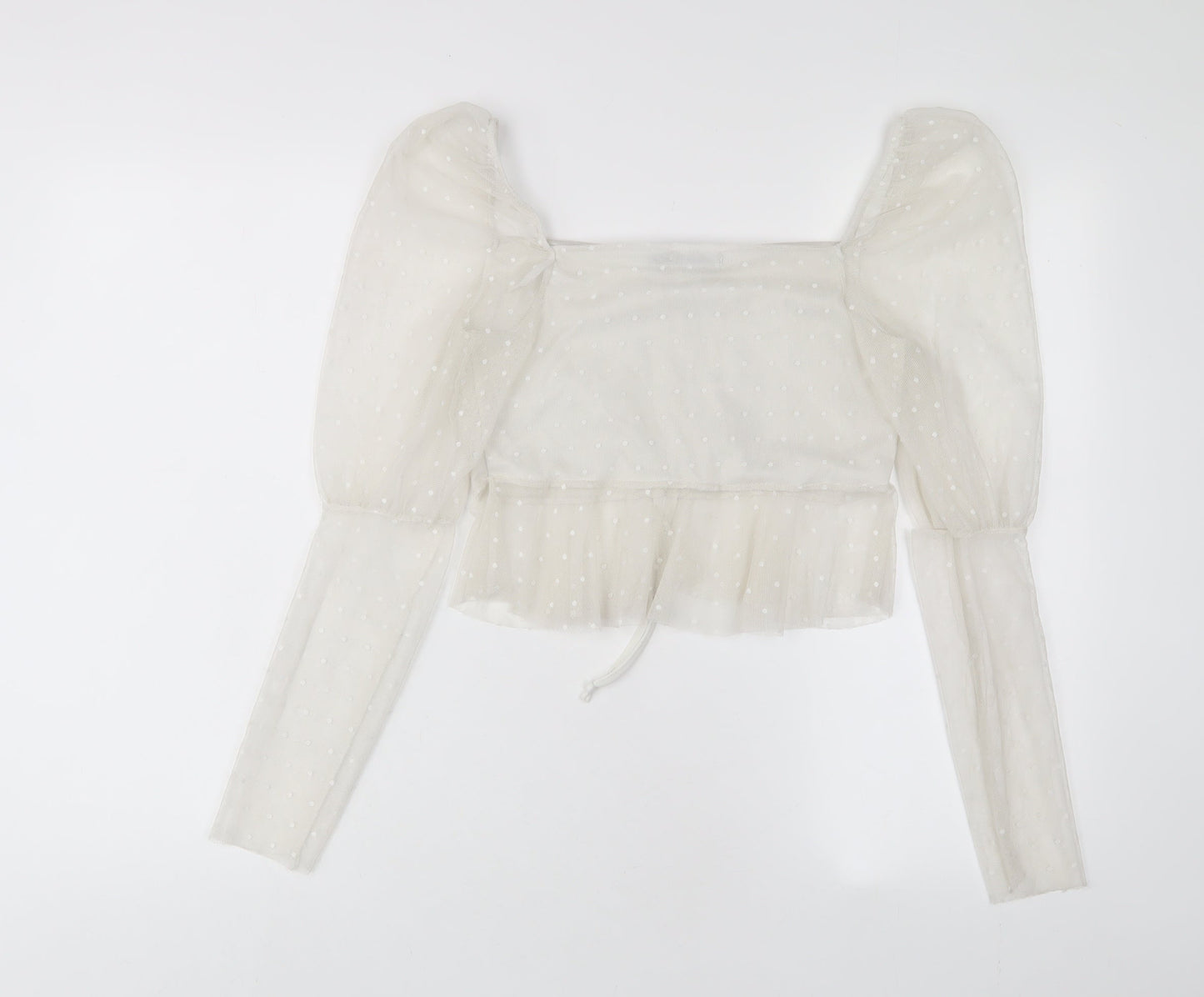 Boohoo Womens White Polka Dot Polyester Cropped Blouse Size 12 Square Neck - Embroidered