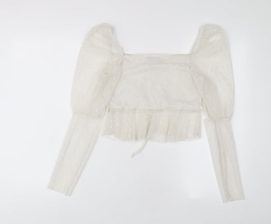 Boohoo Womens White Polka Dot Polyester Cropped Blouse Size 12 Square Neck - Embroidered