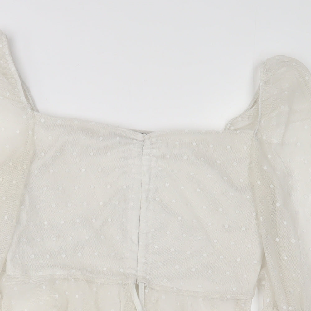 Boohoo Womens White Polka Dot Polyester Cropped Blouse Size 12 Square Neck - Embroidered