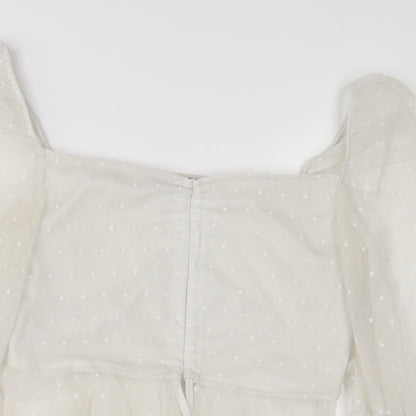 Boohoo Womens White Polka Dot Polyester Cropped Blouse Size 12 Square Neck - Embroidered