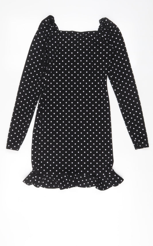Pink vanilla Womens Black Polka Dot Polyester A-Line Size 6 Square Neck Pullover - Pleated