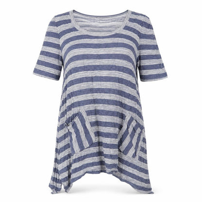 Capri Womens Blue Striped Cotton A-Line Size S Scoop Neck Pullover - Pockets