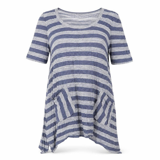 Capri Womens Blue Striped Cotton A-Line Size S Scoop Neck Pullover - Pockets
