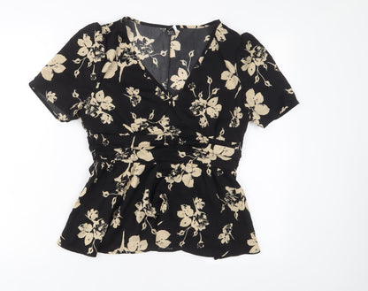 Greathe Womens Black Floral Polyester Basic Blouse Size M V-Neck - Pleated