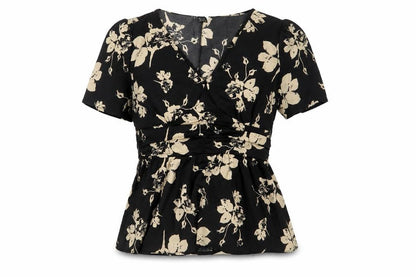 Greathe Womens Black Floral Polyester Basic Blouse Size M V-Neck - Pleated