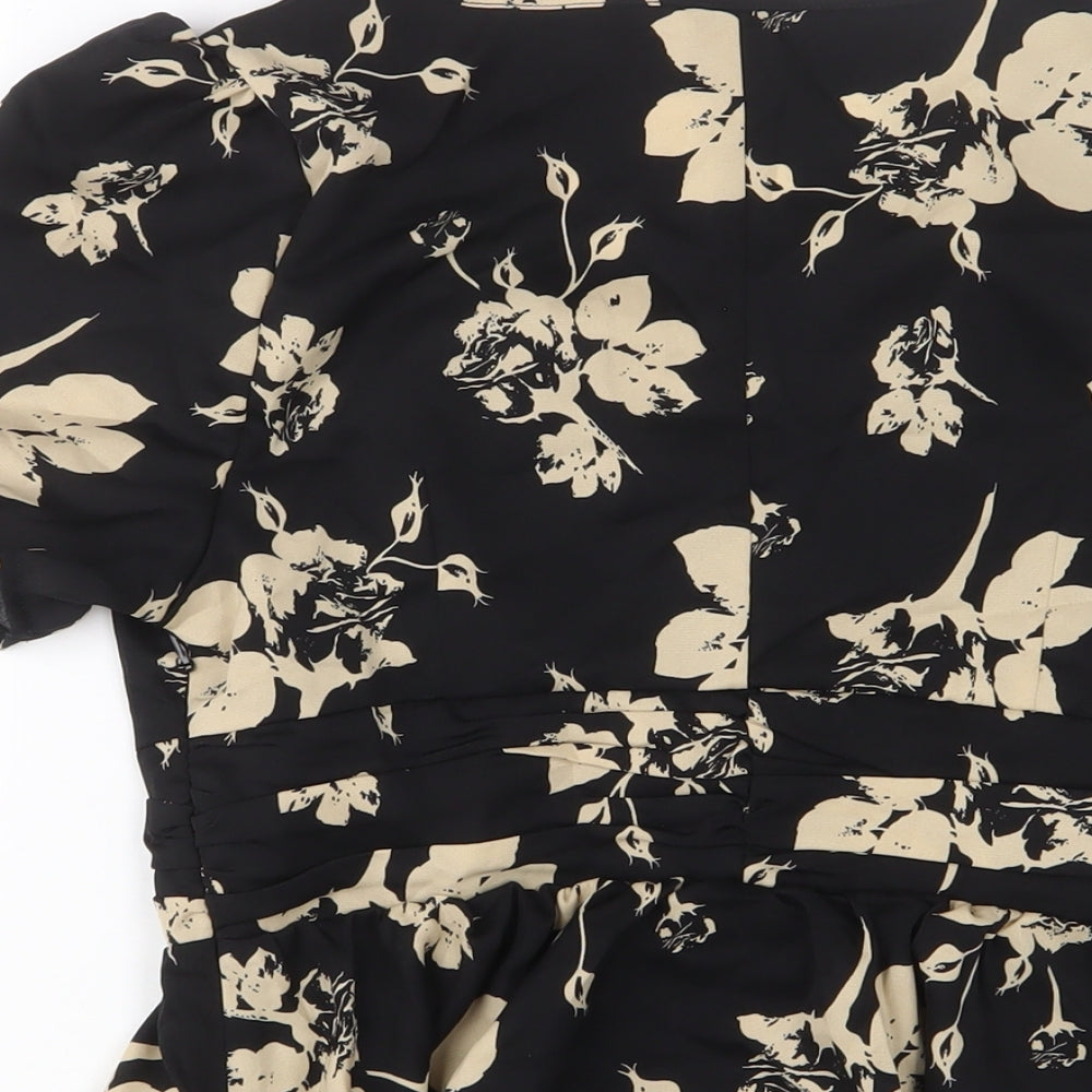 Greathe Womens Black Floral Polyester Basic Blouse Size M V-Neck - Pleated
