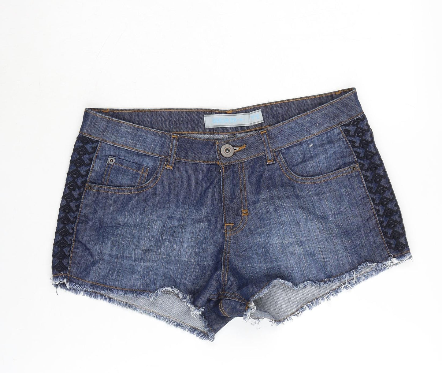 St Bernard Womens Blue Cotton Cut-Off Shorts Size 14 L3 in Regular Zip - Embroidery pattern to the sides