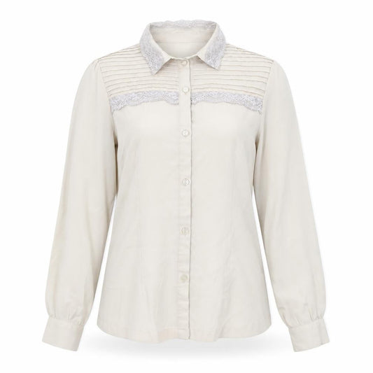 Front view of ICHI women’s beige polyester basic button-up, size UK 8, collared