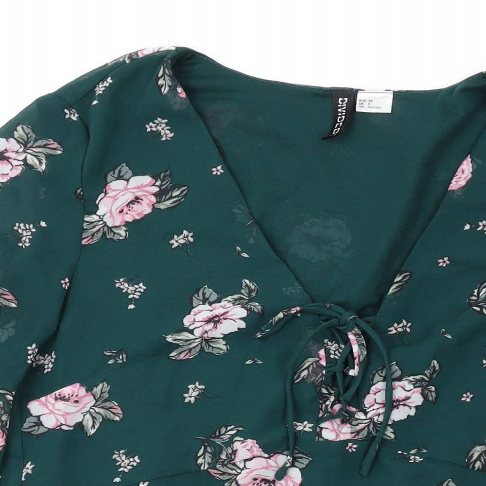Divided by H&M Womens Green Floral Polyester Basic Blouse Size 8 V-Neck