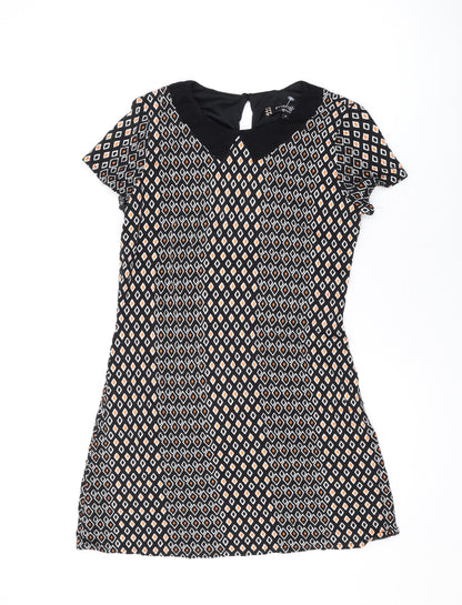 Principles Womens Black Geometric Viscose A-Line Size 12 Scoop Neck Button